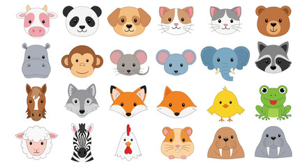 Obraz premium Cartoon Animal Faces Cow Panda Dog Cat Bear Hippo Monkey and More