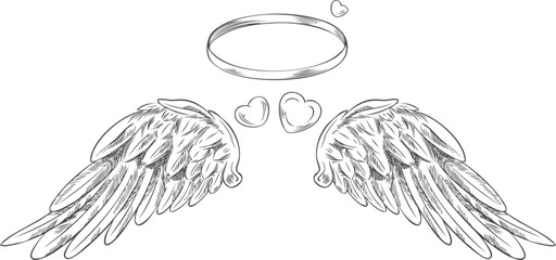 Vector illustration of angel wings sketch with wings, halo and hearts.