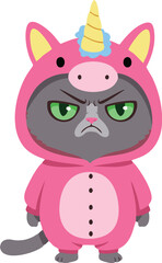 An angry grey cat wears a pink unicorn onesie with a yellow horn and green eyes