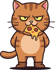 A cartoon cat with an annoyed expression eating a slice of pizza
