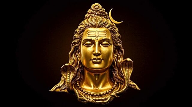 Loard Shivs face a golden metallic sculpture of the face of a deity with intricate details, ethereal expression, ornate headdress, mythological, 8k, highly detailed, cinematic lighting, digital art
