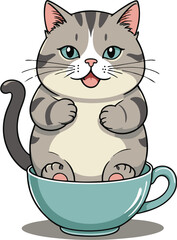 A cartoon cat sits in a teacup its tail curving back and its eyes looking forward