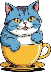 Cartoon cat light blue with dark stripes sits in a yellow teacup on a matching saucer