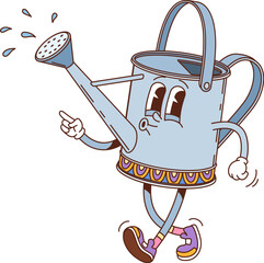 Cartoon groovy hippie watering can funny character with funny face, vector personage. Groovy watering pot funky whistling with water splashes for flowers and plants psychedelic or hipster emoji