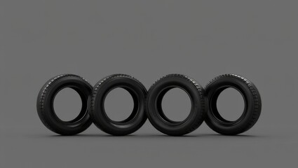 Four black tires arranged neatly on a gray surface in a simple composition highlighting their design and texture