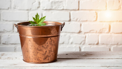 Copper bucket with plant against white brick background  