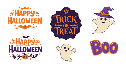 Halloween themed graphics with ghosts bats pumpkins and holiday greetings