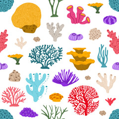 Corals and reefs seamless pattern. Cartoon vector underwater seaweed plants tile background. Aquarium and sea coral reef. Ocean and undersea water life wallpaper, weeds and wracks, kelp marine flora