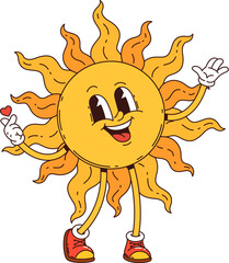 Cartoon groovy Wild west western sun character. Isolated vector sunny retro personage with big, joyful smile, vibrant rays beaming, arms outstretched, exude positive summer vibes, warmth and happiness