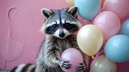 Raccoon with pastel balloons on pink background