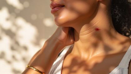 Young woman touching her neck with sunlight and shadows around  