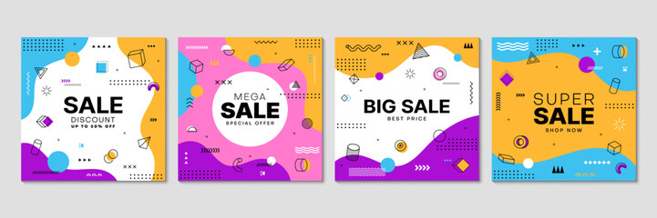 Sale Memphis banners with abstract geometric pattern for discount promo, vector posters. Sale promotion offer banners for shop or store special promo of 50 percent off with Memphis geometric shapes
