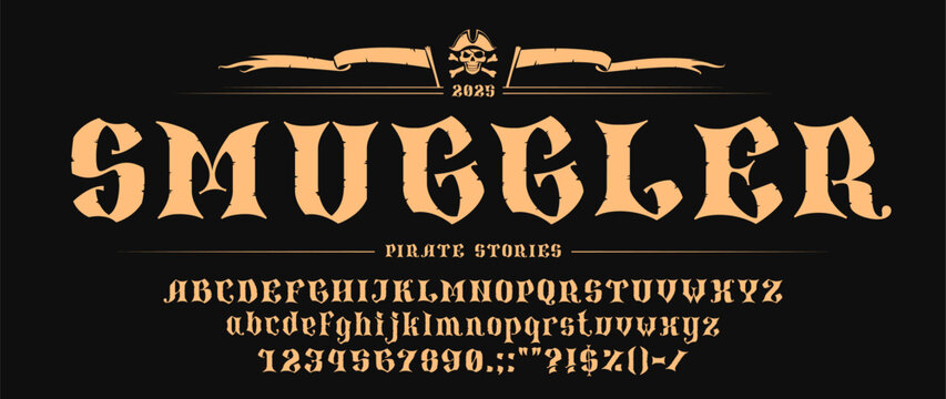 Medieval pirate font or corsair typeface and Western type, vector nautical English alphabet. Medieval font letters, grunge type effect of pirates map of Caribbean treasure island for corsair typeface