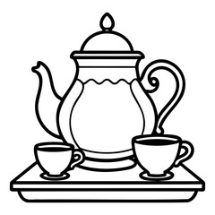 A teapot with two cups on a tray in a black and white outline drawing style image on transparent background