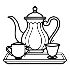 Elegant tea set with teapot and two cups on a tray in black and white outline on transparent background