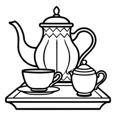Illustration of a tea set with a teapot, sugar bowl, cup, and saucer on a tray on transparent background