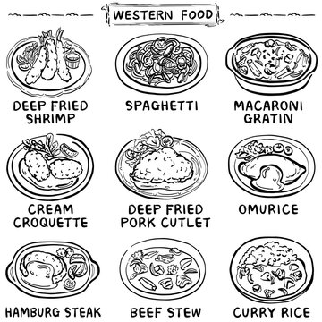 洋食の人気メニューのイラストセット　1色