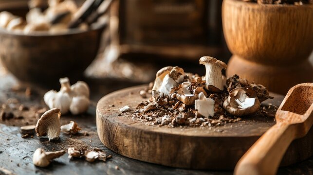 Assorted spices and mushrooms in rustic kitchen composition with dark natural tones