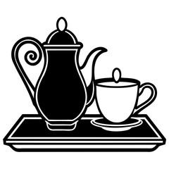 A black and white illustration of a tea set including a pot and a cup on a tray on transparent background