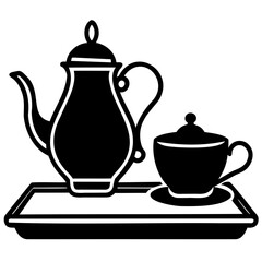Illustration of a teapot and cup with lid on a tray in black and white design on transparent background