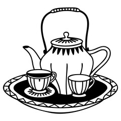 Illustration of a teapot with two teacups on a decorative tray in black and white on transparent background