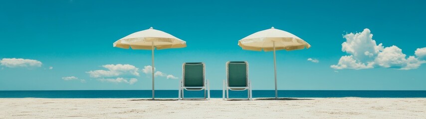 summer vacation holiday travel tourismus concept banner panorama long - Sun loungers deckchairs and parasols on the beach