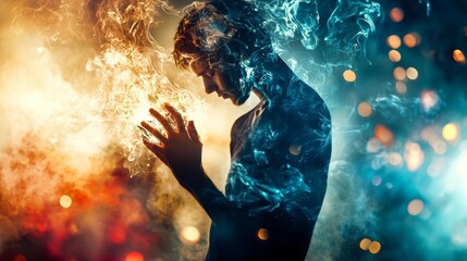 Double exposure portrait of man with abstract fire and water effect in creative design