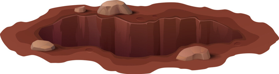 Cartoon ground hole, deep dirty pit and burrow. Construction site, soil erosion pit or earthquake natural disaster deep and muddy hole in ground, isolated vector animal burrow with stones on edges
