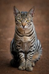 Obraz premium Wild cat sits gracefully on a dirt path showcasing its striking stripes and keen gaze in a natural setting