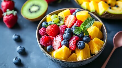 Bowl of fresh fruit salad with berries, kiwi, mango and mint on dark table