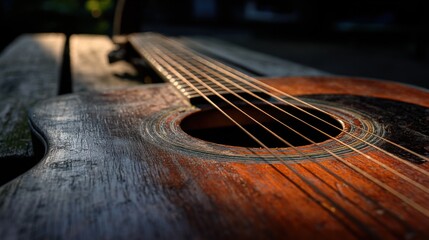 Obraz premium Close-up of a well-loved acoustic guitar with rich brown wood grain and slightly worn texture, resting on a wooden surface. Strings prominently in focus stretch across the circular soundhole with a de