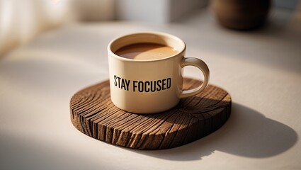Coffee mug with "stay focused" message