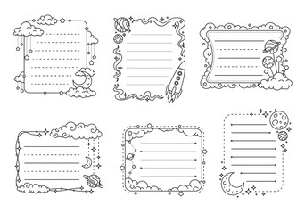 Galaxy space and alien planets kids memo note frames. Vector set of cute outlined writing templates with stars, moons, rockets and space borders for children school notes and printable stationery