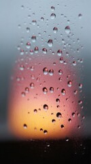 Rain-kissed window with sunset glow, a symphony of solitude and twilight reverie, evoking Hanami and Midsummer magic