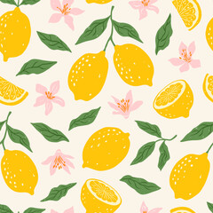 Hand drawn vintage seamless pattern with lemons, flowers and leaves. Citrus tropical fruits. Summer italian vacation concept. Trendy vector mediterranean background for paper, cover, fabric.