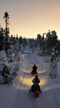 Aerial portrait of a snowmobiles driving in middle snowy forest of Lapland, dusk