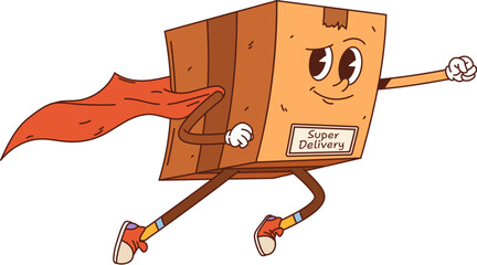 Cartoon groovy delivery cardboard box superhero character. Vector post service or express shipping retro personage wearing red cape and sneakers. Isolated funny parcel, pack flying with confidence