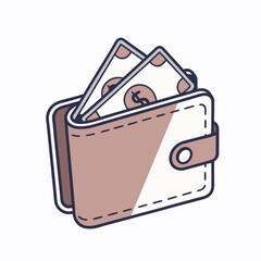 Vector icon illustration of a leather wallet with dollar bills on white background