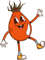 Retro groovy hippie rosehip berry character. Isolated cartoon vector cool red rose hip personage wearing vintage sneakers,happily dancing with a mischievous smile, exuding laid back funky y2k vibe