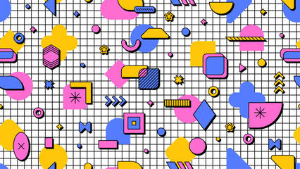 Abstract 80s 90s geometric Memphis seamless pattern. Vector background with retro modern shapes and elements on checkered notebook page. Vibrant decorative tile ornament with bright creative figures
