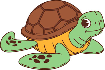 Retro cartoon groovy kids toy turtle character with funny face, vector personage. Groovy toy or sea turtle and underwater animal with cute muzzle face for kids toy character and comic cheerful emoji