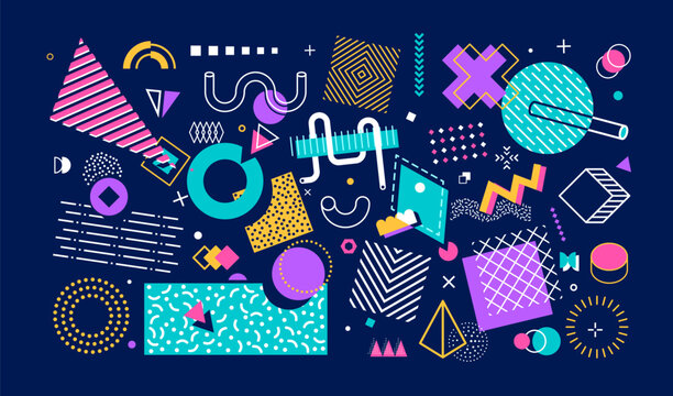 90s pop art retro element shapes background. Vector chaotic arrangement of colorful abstract forms with geometric Memphis pattern. Backdrop with dynamic nostalgic playful y2k vibe and 80s 90s energy