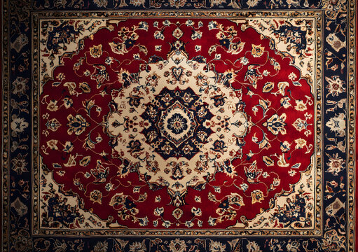 Old Persian carpet with pattern. top view. Old Red Persian Carpet Texture, abstract ornament