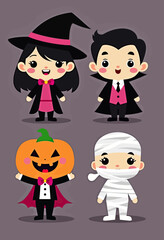 Flat character portraits of cute kids in Halloween costumes including witch, vampire, pumpkin head, and mummy, illustrated in playful vector style
