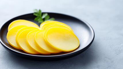 Pickled yellow radish slices arranged on black plate
