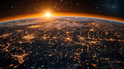 Earth at night from space with city lights and sunrise view, cinematic shot - Powered by Adobe