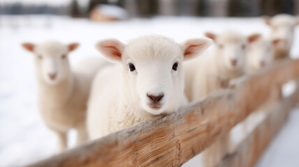 Fototapeta premium Close-up of cute woolly lambs standing behind wooden fence in snow