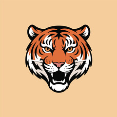 A bold illustration of a tiger's head, showcasing its fierce expression and striking orange and black stripes.