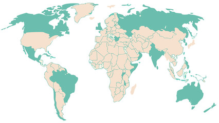 A detailed watercolor world map vector with pastel shades representing continents and borders in a clean layout with decorative style