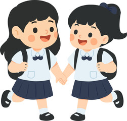 Illustration of School Girls Holding Hands